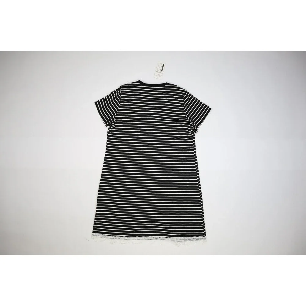sheshow Womens Black White Striped Short Sleeve Button Up Long Pajama Shirt M - Picture 3 of 7